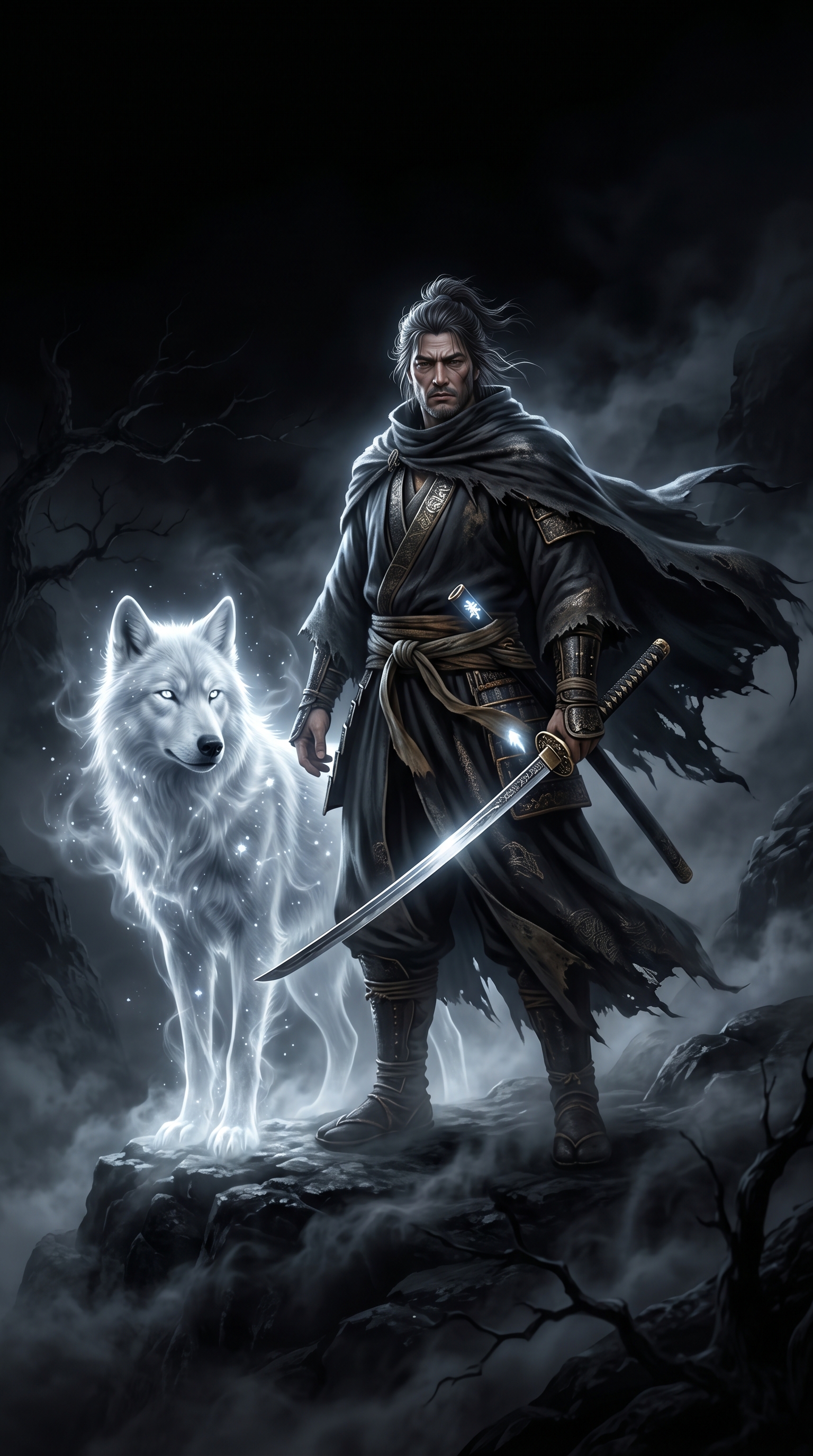 Ronin With Ghostly Wolf Wallpaper